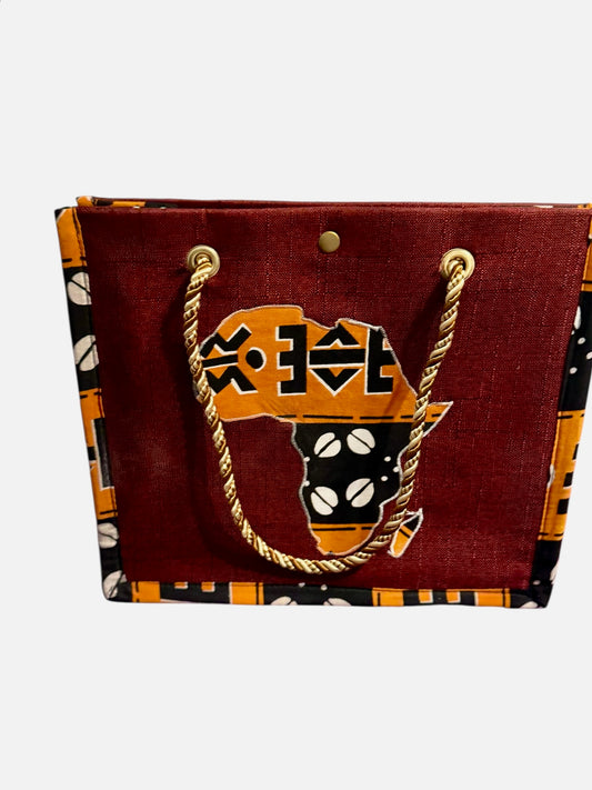 Africa map embroidered African Wax Print Bag